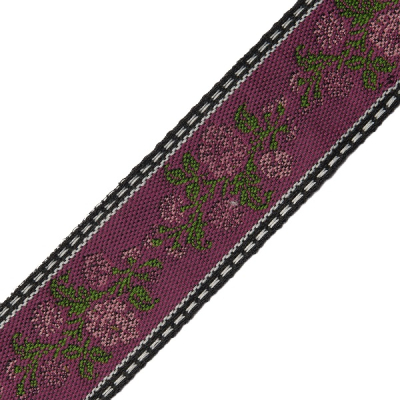 Webband, "Rose", schwarz-magenta-pink-grün, ca. 4 cm