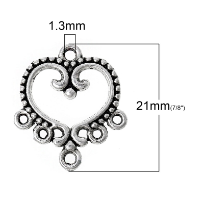 5 Verbinder, Herz, 19 x 21 mm, antik-silberfarben