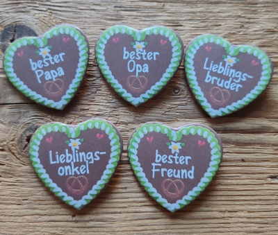 50 Herzbuttons "Lebkuchenherz", bunte Mischung, ca. 57 x 54 mm, Angebot für Wiederverkäufer, Vereine etc.