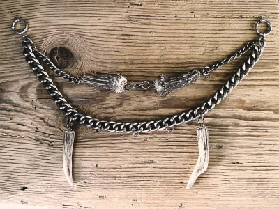 1 Charivarikette, Rohling, ALU, zweireihig, antik-silberfarben, Federringe, mit Horn,ca. 33 cm oder Wunschlänge