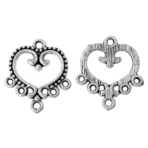 5 Verbinder, Herz, 19 x 21 mm, antik-silberfarben