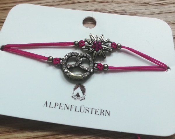 Armband-Set, pinkes Stoffband mit Edelweiß und Breze in bronzefarben