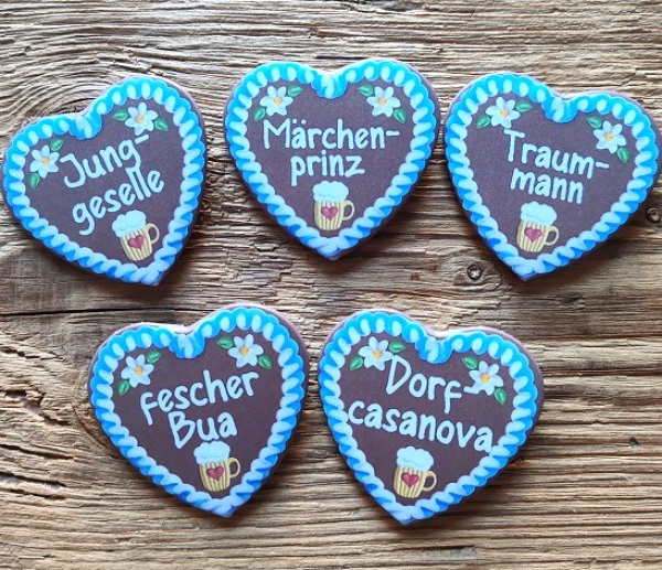 1 Herzbutton "Lebkuchenherz", viele Sprüche zur Wahl, ca. 57 x 54 mm