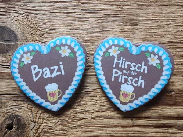 1 Herzbutton "Lebkuchenherz", viele Sprüche zur Wahl, ca. 57 x 54 mm