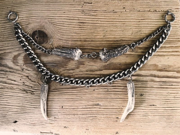 1 Charivarikette, Rohling, ALU, zweireihig, antik-silberfarben, Federringe, mit Horn,ca. 33 cm oder Wunschlänge