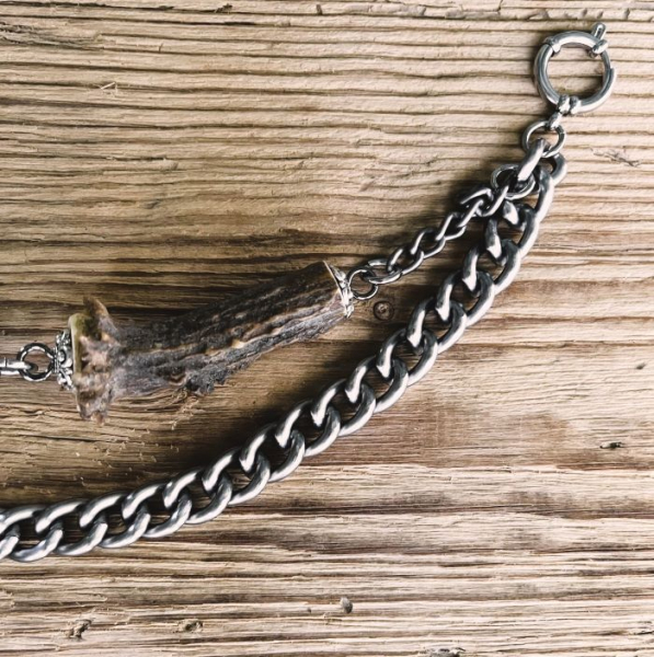 1 Charivarikette, Rohling, ALU, zweireihig, antik-silberfarben, Federringe, mit Horn,ca. 28 cm oder Wunschlänge
