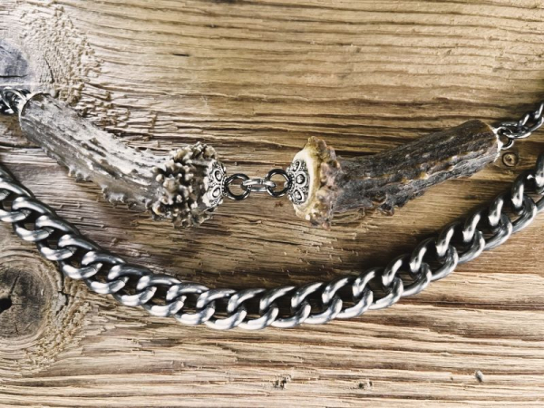 1 Charivarikette, Rohling, ALU, zweireihig, antik-silberfarben, Federringe, mit Horn,ca. 28 cm oder Wunschlänge