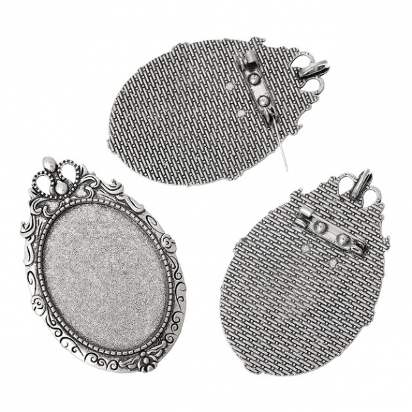 3 Broschenfassungen für 4 x 3 cm Cabochons, antik-silberfarben