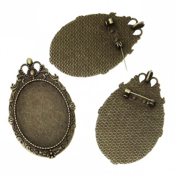 3 Broschenfassungen für 4 x 3 cm Cabochons, antik-bronzefarben