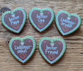 1 Herzbutton "Lebkuchenherz", grün, viele Sprüche zur Wahl, ca. 57 x 54 mm